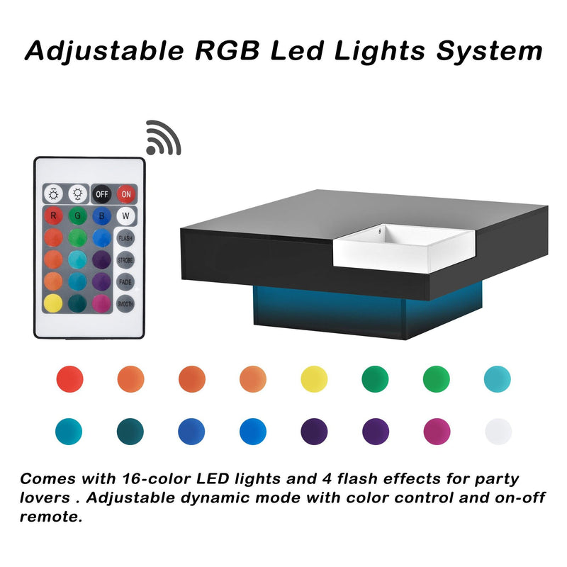 Modern Minimalist Design 31.5*31.5in Square Coffee Table with Detachable Tray and Plug-in 16-color LED Strip Lights Remote Control for Living Room - Urban Living Furniture (Los Angeles, CA)