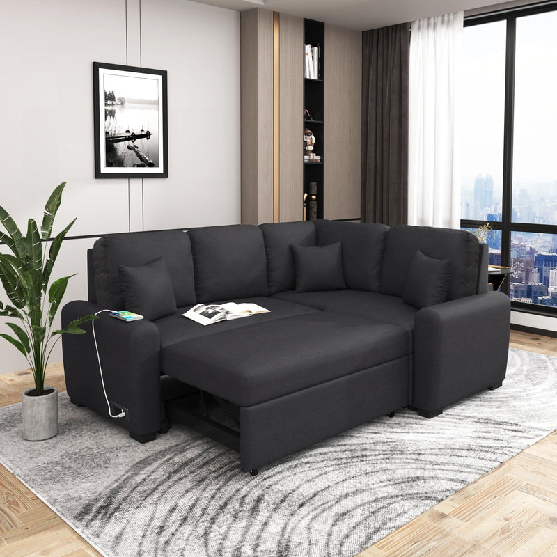 76.7"Sectional Sleeper Sofa with USB Charging Port and Plug Outlet,Pull-Out Sofa Bed with 3 Pillows, L-Shape Chaise for Living Room Small Apartment,Black - Urban Living Furniture (Los Angeles, CA)