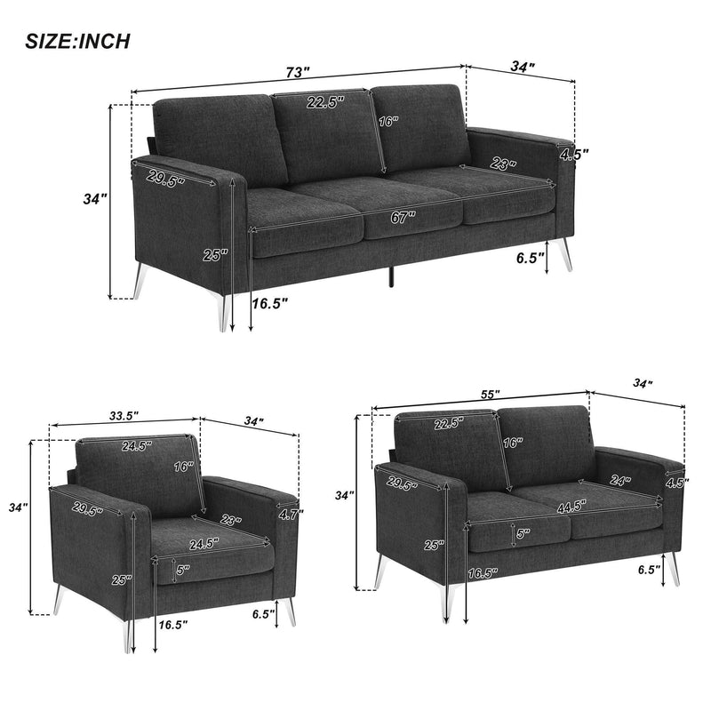 Modern 3-Piece Sofa Sets with Sturdy Metal Legs,Linen Upholstered Couches Sets Including 3-Seat Sofa, Loveseat and Single Chair for Living Room Furniture Set (1+2+3 Seat) - Urban Living Furniture (Los Angeles, CA)