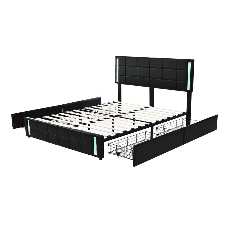 Queen Size Upholstered Platform Bed with LED Lights and USB Charging,Storage Bed with 4 Drawers, Black - Urban Living Furniture (Los Angeles, CA)