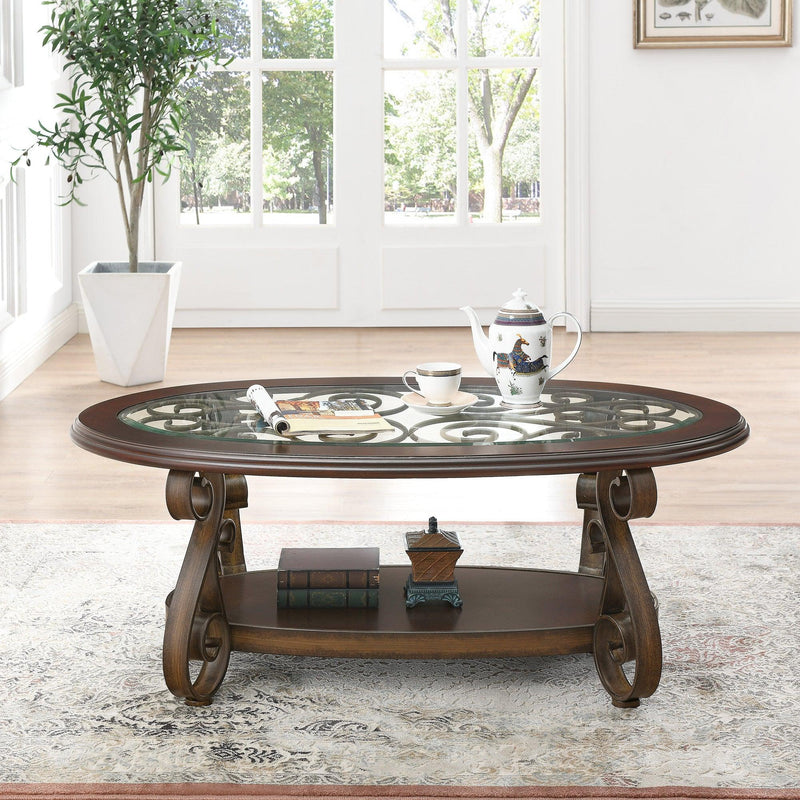 Coffee Table with Glass Table Top and Powder Coat Finish Metal Legs，Dark Brown （52.5"X28.5"X19.5")