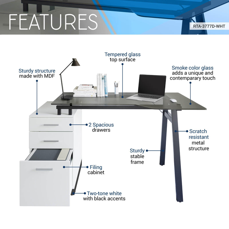 Techni MobiliModern Home Office Computer Desk with smoke tempered glass top &Storage - White - Urban Living Furniture (Los Angeles, CA)