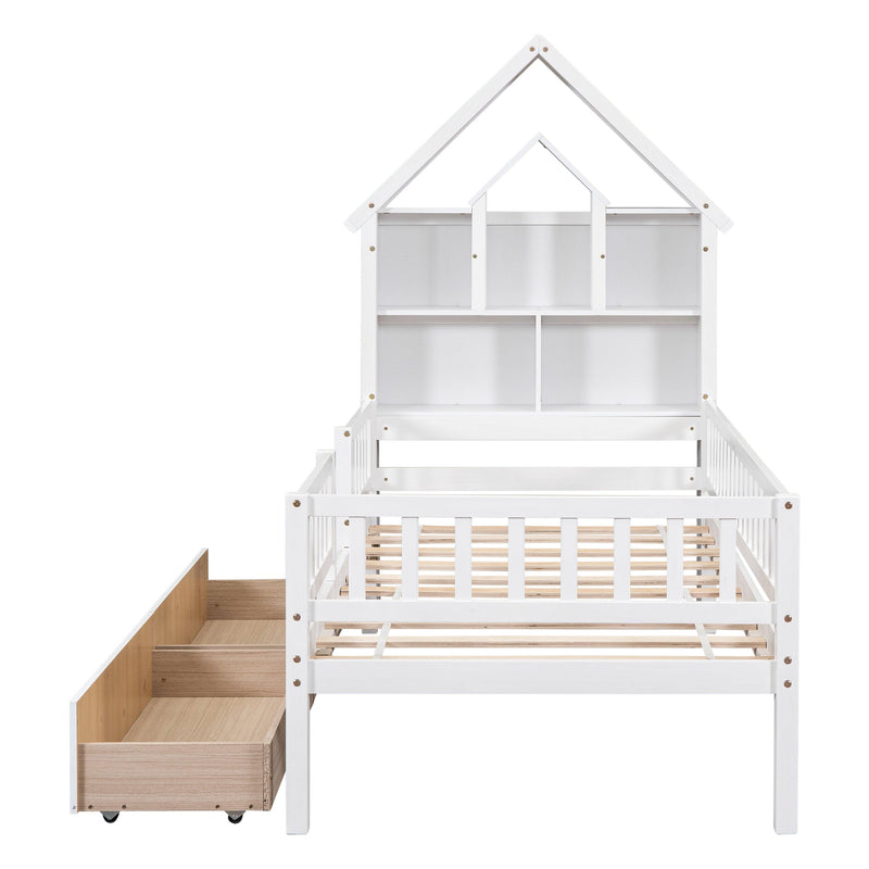 Twin Size House-Shaped Headboard Bed with Fence Guardrails and Drawers ,White - Urban Living Furniture (Los Angeles, CA)