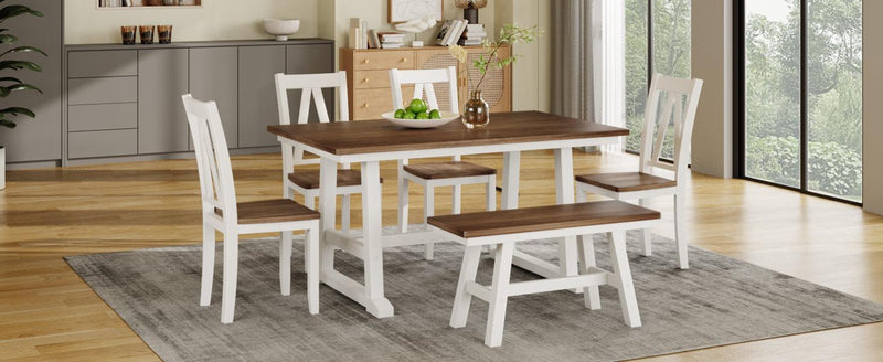 6-Piece Wood Dining Table Set Kitchen Table Set with Long Bench and 4 Dining Chairs, Farmhouse Style, Walnut+White - Urban Living Furniture (Los Angeles, CA)