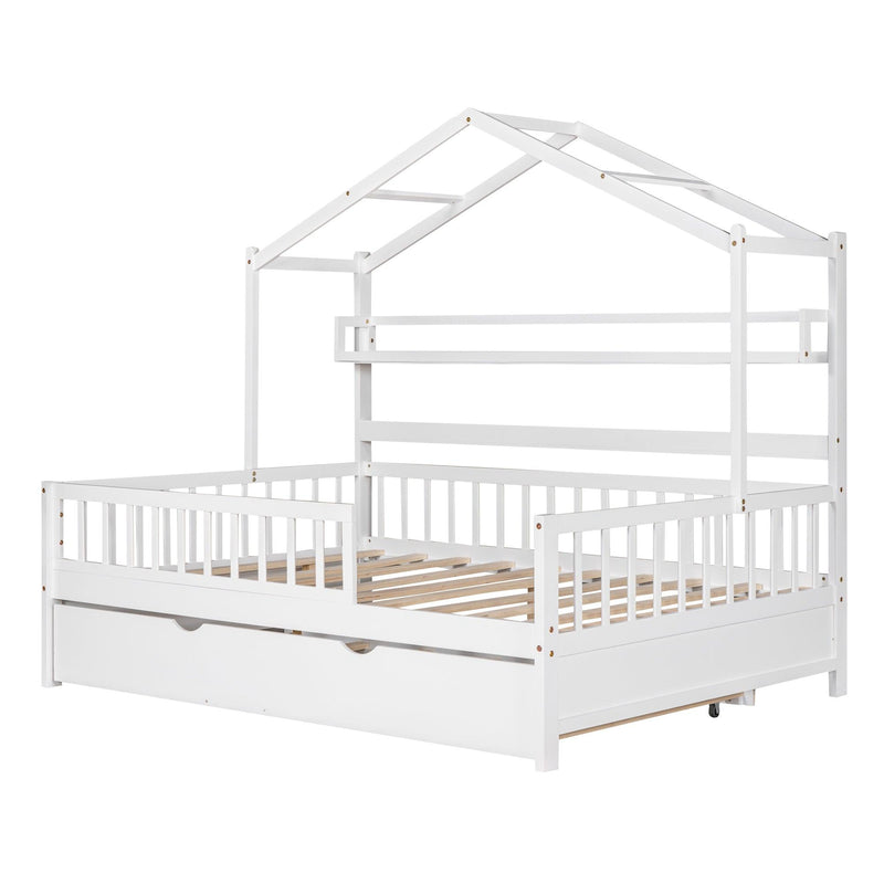 Wooden Full Size House Bed with Twin Size Trundle,Kids Bed with Shelf, White - Urban Living Furniture (Los Angeles, CA)