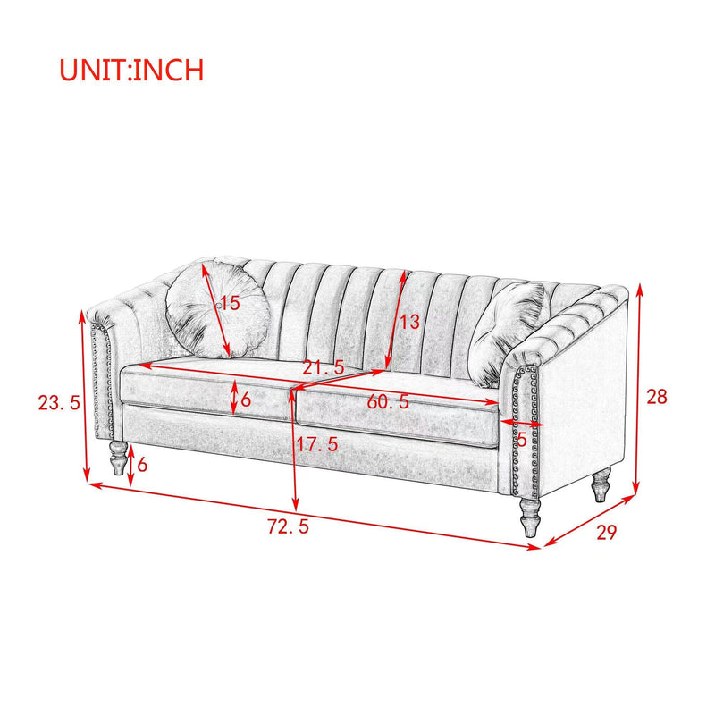 MHModern Velvet Upholstered Sofa Couch, 3 Seat Tufted Back with Nail Arms with 2 pillows, Solid wood Legs, Sleeper Sofa for Living Room, Compact Living Space, Apartment, Bonus Room - Urban Living Furniture (Los Angeles, CA)