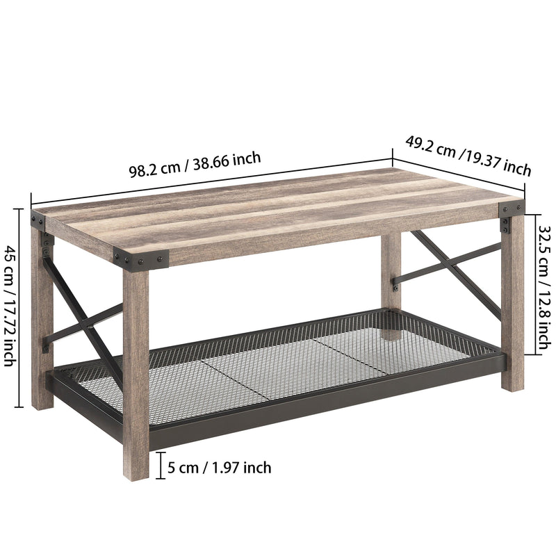38.82" Farmhouse Coffee Table, 2-Tier Cocktail Table, Center Table with Mesh Shelf, Steel Frame, Corner Protection, Industrial Style, Long Table For Living Room, Grey