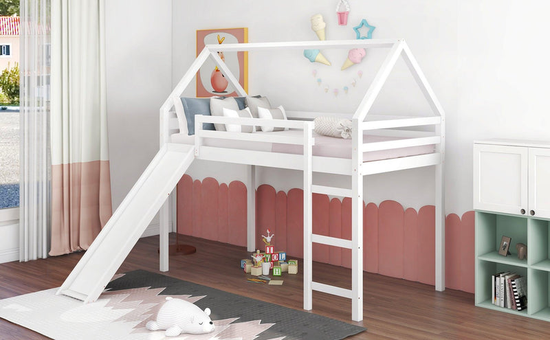 Twin Size Loft Bed with Slide, House Bed with Slide,White