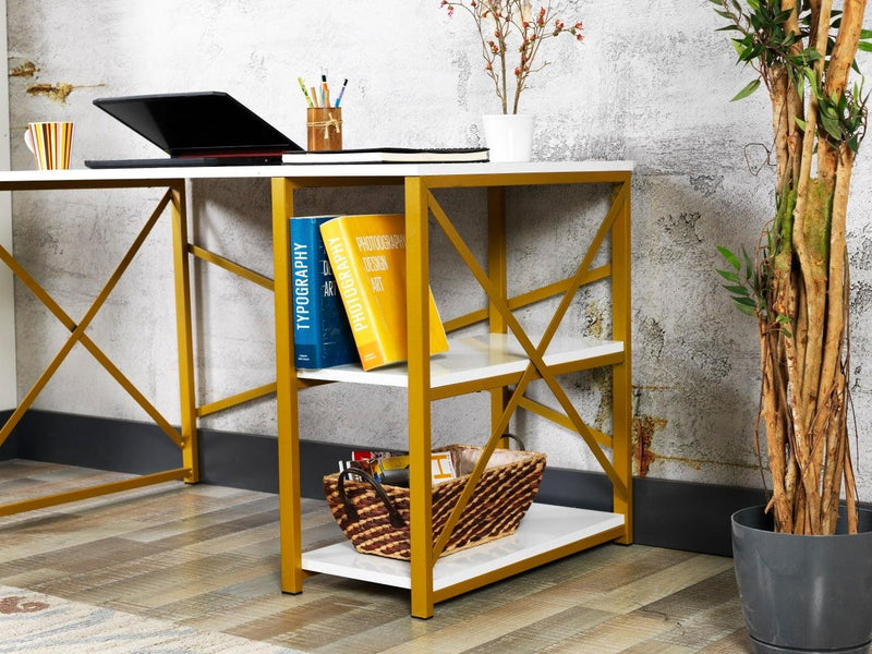 Furnish Home Store Morello Gold Metal Frame 47" Wooden Top 2 Shelves Writing and Computer Desk for Home Office, White - Urban Living Furniture (Los Angeles, CA)