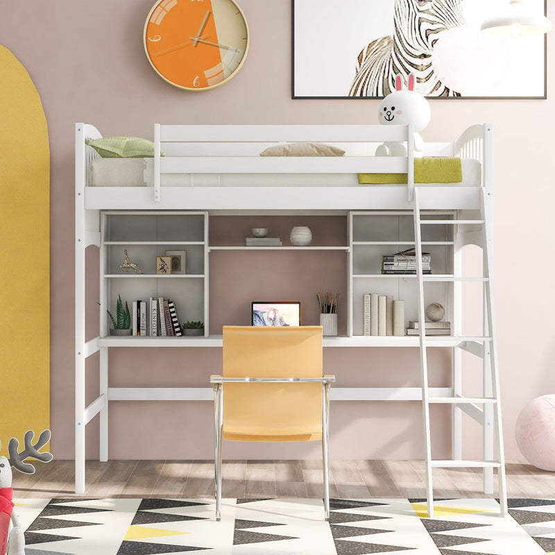 Twin size Loft Bed withStorage Shelves, Desk and Ladder, White - Urban Living Furniture (Los Angeles, CA)