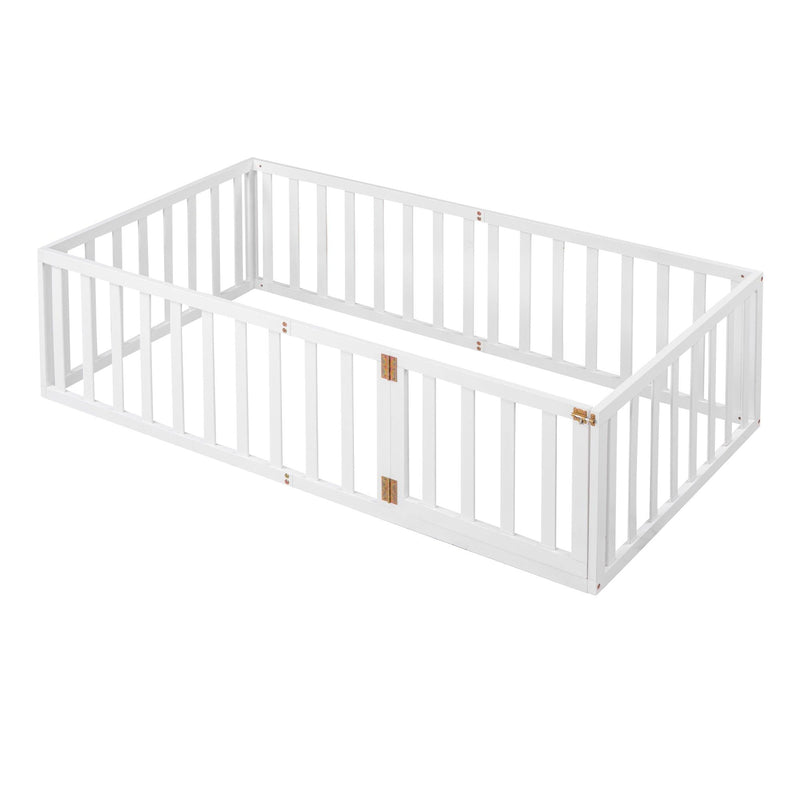 Twin Size Wood Floor Bed Frame with Fence and Door, White - Urban Living Furniture (Los Angeles, CA)