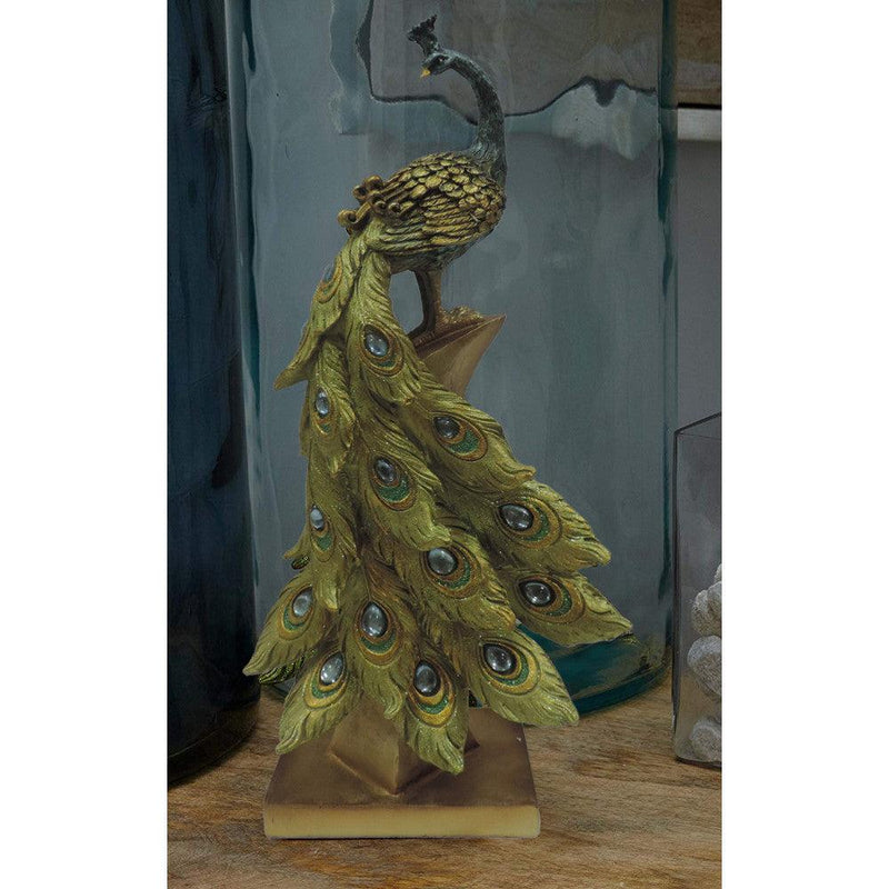 Polystone Decorative Peacock Figurine with Block Stand, Green and Gold - Urban Living Furniture (Los Angeles, CA)