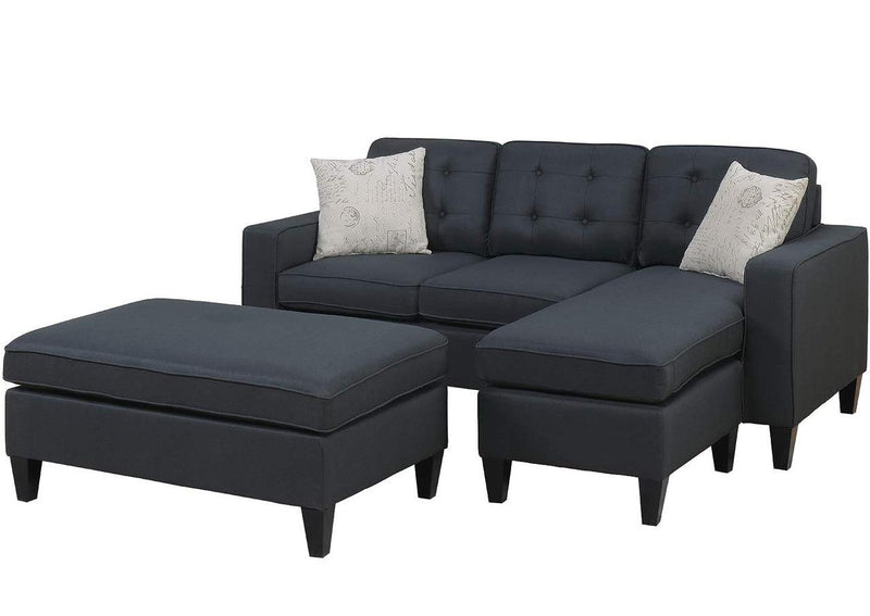 Reversible 3pc Sectional Sofa Set Black Tufted Polyfiber Wood Legs Chaise Sofa Ottoman Pillows Cushion Couch