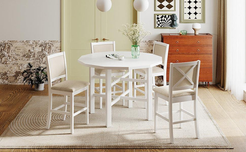 5-Piece Rubber Wood Counter Height Dining Table Set, Irregular Table with 4 High-back Cushioned Chairs for Small Place, White - Urban Living Furniture (Los Angeles, CA)