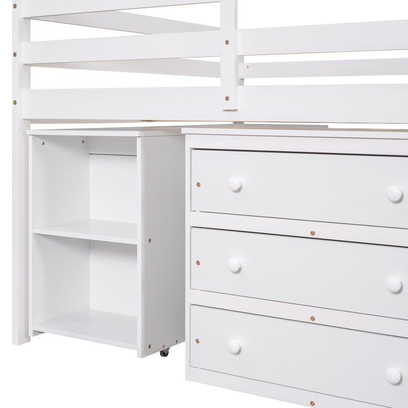 Low Study Full Loft Bed with Cabinet ,Shelves and Rolling Portable Desk ,Multiple Functions Bed- White