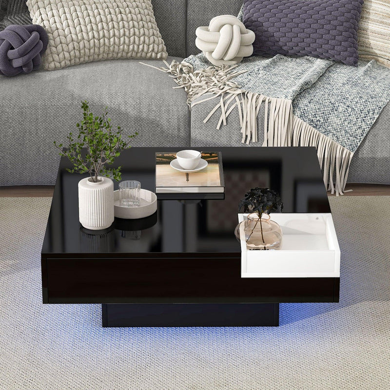 Modern Minimalist Design 31.5*31.5in Square Coffee Table with Detachable Tray and Plug-in 16-color LED Strip Lights Remote Control for Living Room - Urban Living Furniture (Los Angeles, CA)