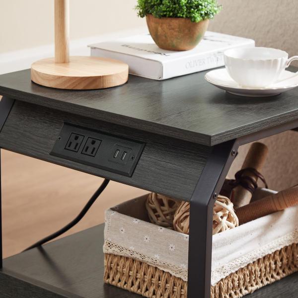 End table Side table with Charging Station,sofa side table with drawers, bedside table for bedroom.(Dark grey,17.3’’W*17.9’’D*21.2’’H)