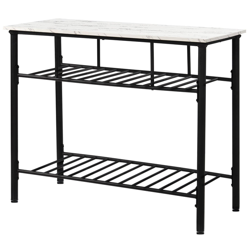 Rustic Farmhouse Counter Height Dining Kitchen Kitchen Island Prep Table, KitchenStorage Rack with Worktop and 2 Shelves,Faux-Marble, White