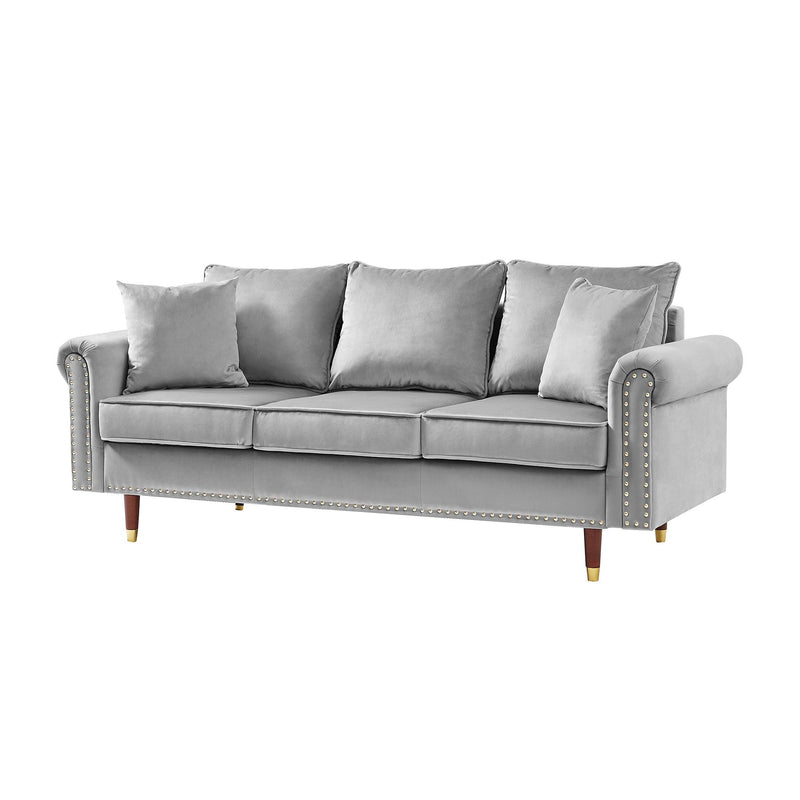 GREY Velvet Sofa Couch with 2 Pillows,Modern 3 Seater Sofa With Wood Legs for Living Room and Bedroom . - Urban Living Furniture (Los Angeles, CA)