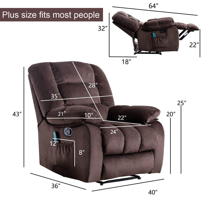 Overstuffed Massage Recliner Chairs with Heat and Vibration, Soft Fabric Single Manual Reclining Chair for Living Room Bedroom  (Brown)