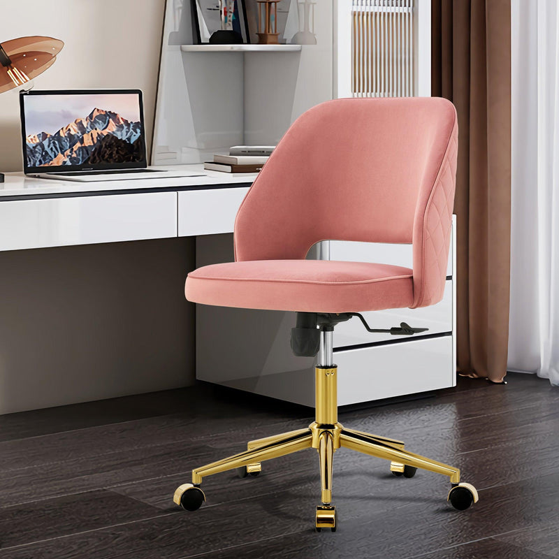 Modern Home Velvet Office Chairs, Adjustable 360 °Swivel Chair Engineering Plastic Armless Swivel Computer Chair With Wheels for Living Room, Bed Room Office Hotel Dining Room .Pink