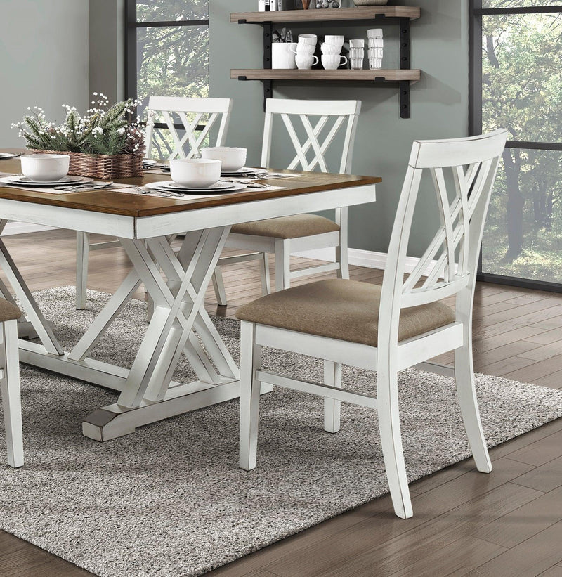 Modern Style White and Oak Finish 5pc Dining Set Table w Extension Leaf 4x Side Chairs Upholstered Seat Charming Traditional Dining Room Furniture