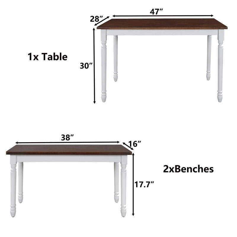 3-Piece Retro Farmhouse Solid Wood Kitchen Dining Table Set Breakfast Nook with 2 Benches, Cherry+White - Urban Living Furniture (Los Angeles, CA)