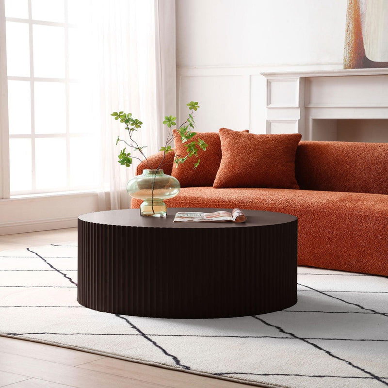 Artisanal Round MDF Coffee Table with Handcrafted Relief and Stunning Painting Finish, Brown - Urban Living Furniture (Los Angeles, CA)