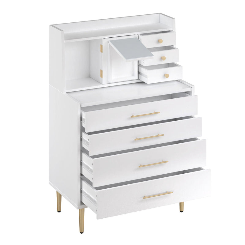 Vanity Makeup Table with Mirror and Retractable Table,Storage Dresser for Bedroom with 7 Drawers and HiddenStorage,White