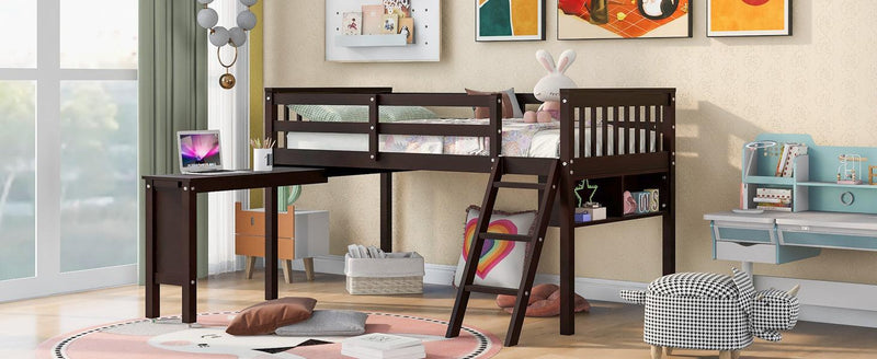 Twin Size Loft Bed With Removable Desk and Cabinet, Espresso