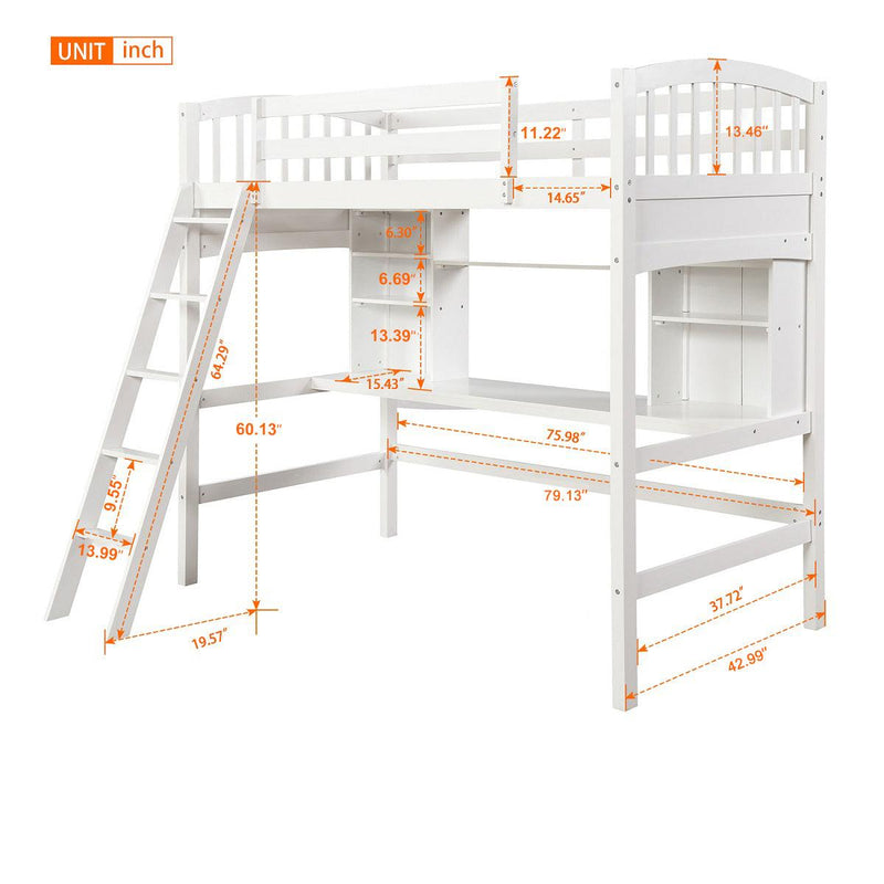 Twin size Loft Bed withStorage Shelves, Desk and Ladder, White - Urban Living Furniture (Los Angeles, CA)