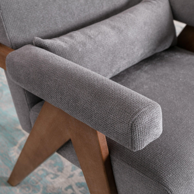 Accent chair, KD rubber wood legs with Walnut finish. Fabric cover the seat. With a cushion.Grey