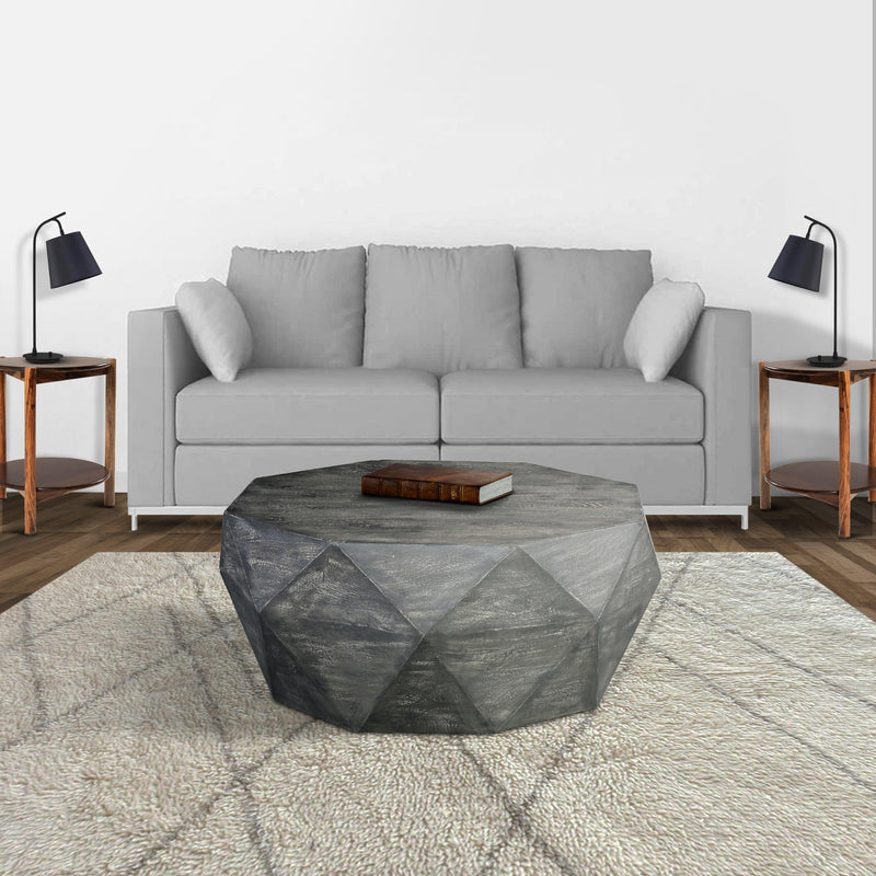 Ashton 34 Inch Handcrafted ManWood Coffee Table, Faceted Diamond Design, Drum Shape, Rustic Gray - Urban Living Furniture (Los Angeles, CA)