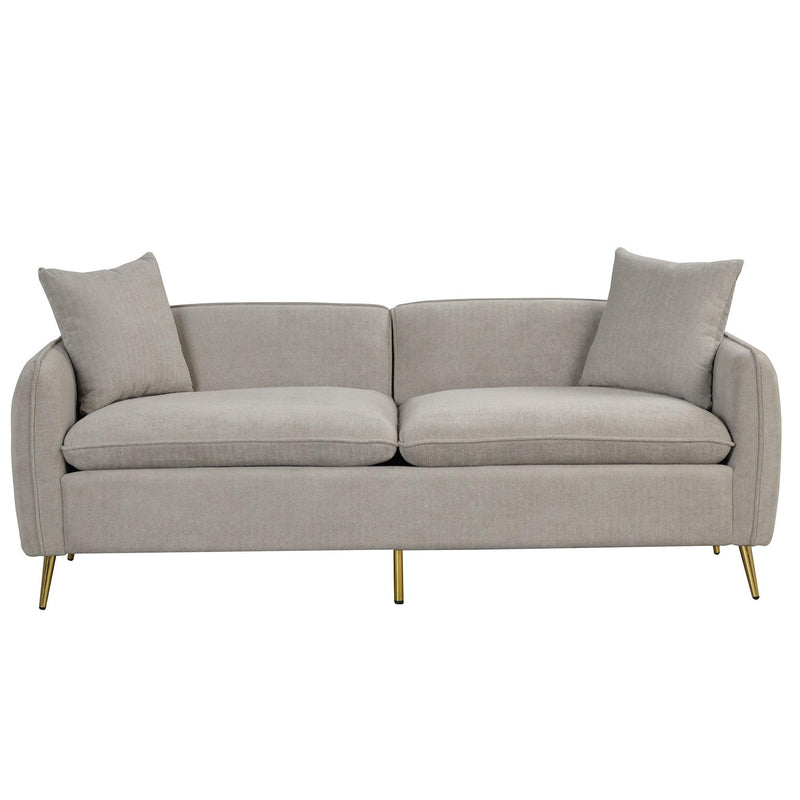 77.5" Velvet Upholstered Sofa with Armrest Pockets,3-Seat Couch with 2 Pillows and lden Metal Legs for Living Room,Apartment,Home Office,Gray
