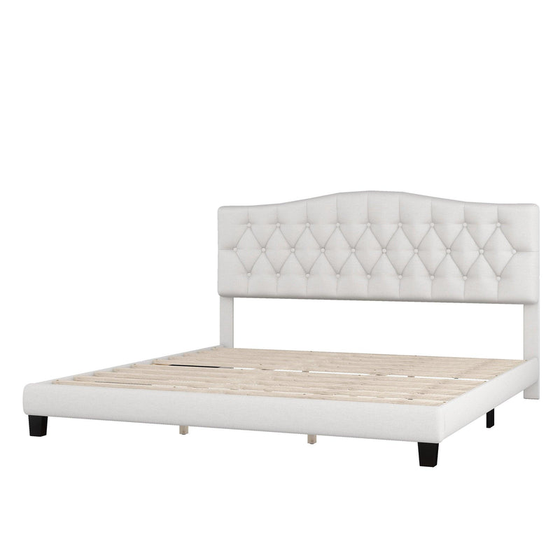 Upholstered Platform Bed with Saddle Curved Headboard and Diamond Tufted Details, King, Beige - Urban Living Furniture (Los Angeles, CA)