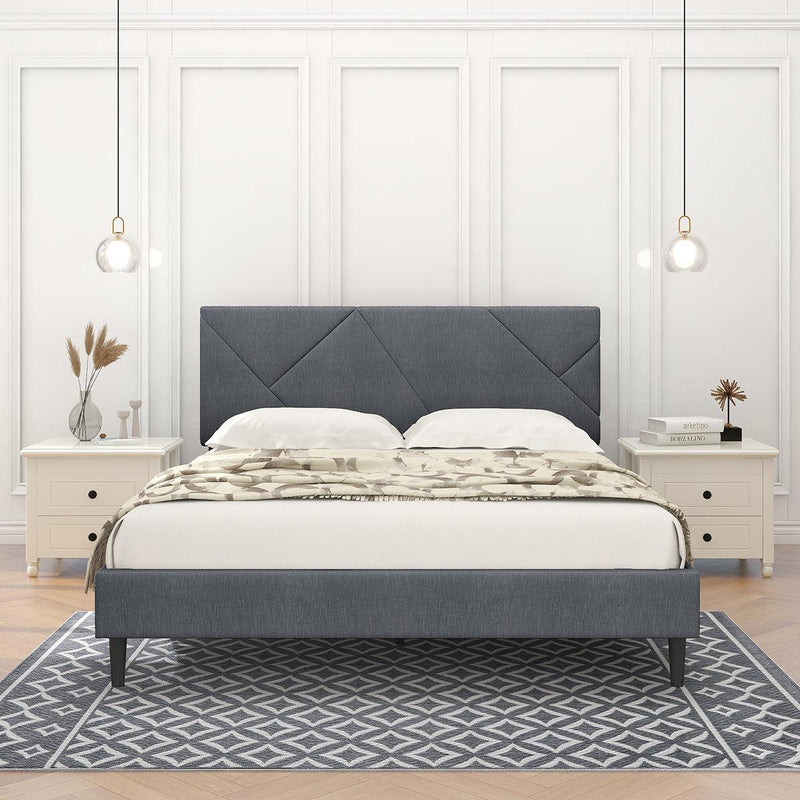 Queen Size Linen Dark Grey Sqaure Upholstered Platform Bed With Slat Support.