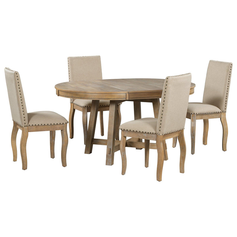 5-Piece Farmhouse Dining Table Set Wood Round Extendable Dining Table and 4 Upholstered Dining Chairs (Natural Wood Wash) - Urban Living Furniture (Los Angeles, CA)