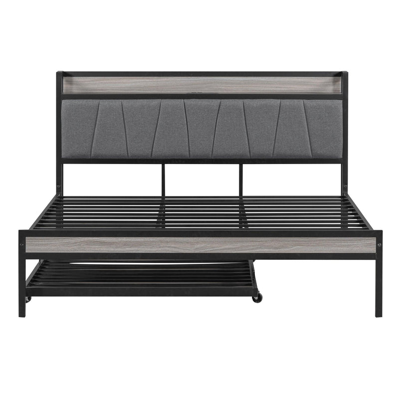 Queen Size Metal Platform Bed Frame with Twin size trundle, Upholstered headboard ，Sockets, USB Ports and Slat Support ,No Box Spring Needed，Black - Urban Living Furniture (Los Angeles, CA)