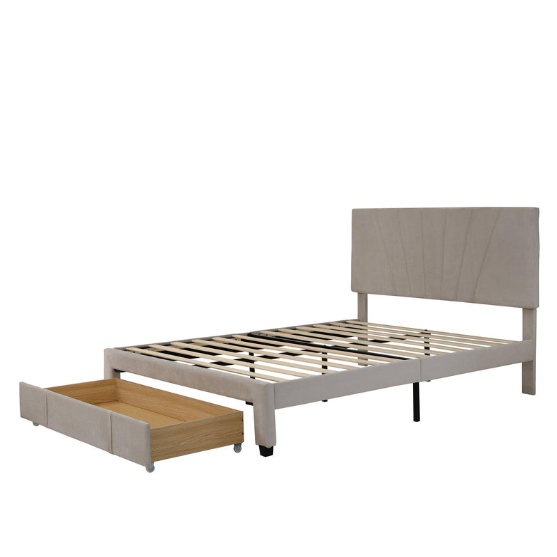 Queen SizeStorage Bed Velvet Upholstered Platform Bed with a Big Drawer - Beige - Urban Living Furniture (Los Angeles, CA)