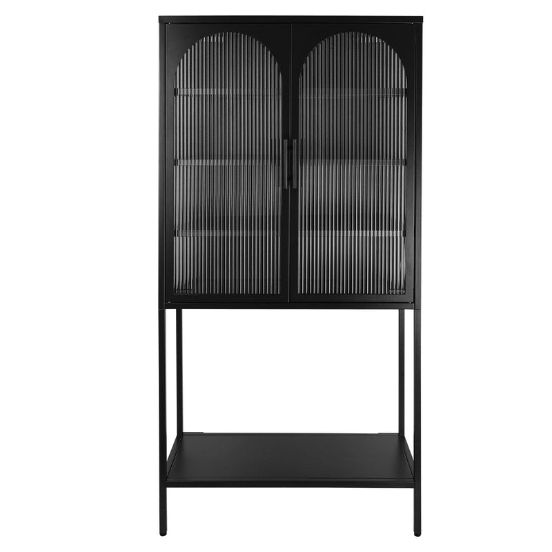 Stylish Tempered Glass TallStorage Cabinet with 2 Arched Doors Adjustable Shelves and open bottom shelf ,Feet Anti-Tip Dust-free Fluted Glass Kitchen Credenza Black Color - Urban Living Furniture (Los Angeles, CA)