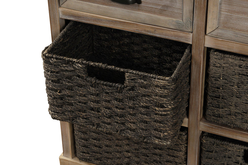 RusticStorage Cabinet with Two Drawers and Four Classic Rattan Basket for Dining Room/Living Room (White Washed)