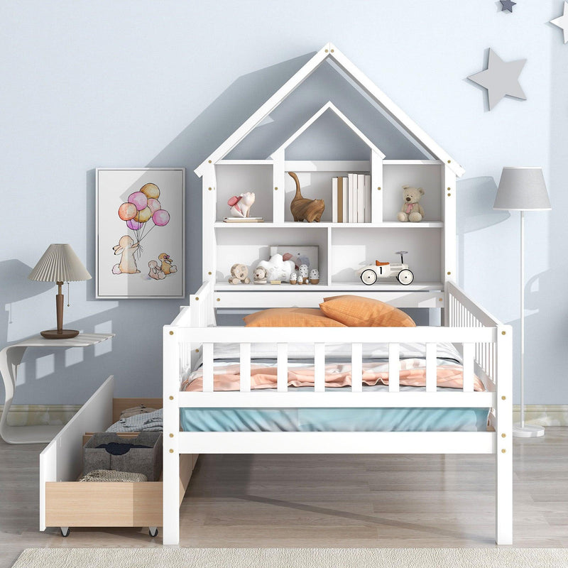 Twin Size House-Shaped Headboard Bed with Fence Guardrails and Drawers ,White - Urban Living Furniture (Los Angeles, CA)