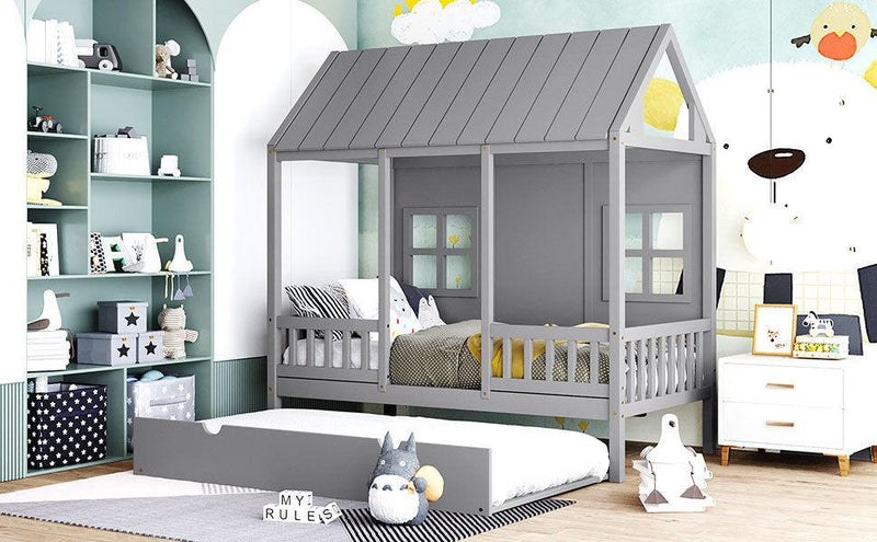Twin Size Wood House Bed With Twin Size Trundle, Wooden Daybed, Gray