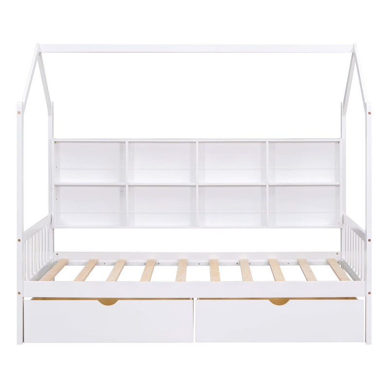 Wooden Twin Size House Bed with 2 Drawers,Kids Bed withStorage Shelf, White
