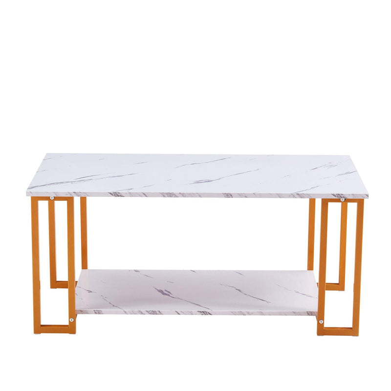 Coffee Table, 2 Layers 1.5cm Thick Marble MDF Rectangle 39.37" L Tabletop Iron Coffee Table , Dining Room, Coffee Shop, Resterant, White Top, ld Leg - Urban Living Furniture (Los Angeles, CA)