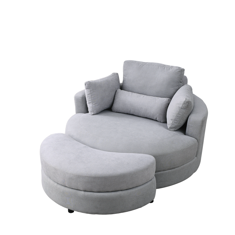 Swivel Accent BarrelModern Grey Sofa Lounge Club Big Round Chair withStorage Ottoman Linen Fabric for Living Room Hotel with Pillows - Urban Living Furniture (Los Angeles, CA)