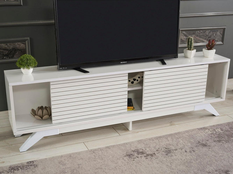 Luxia Mid CenturyModern Tv Stand 2 Sliding Door Cabinet 2 Shelves 67 inch Tv Uni, White