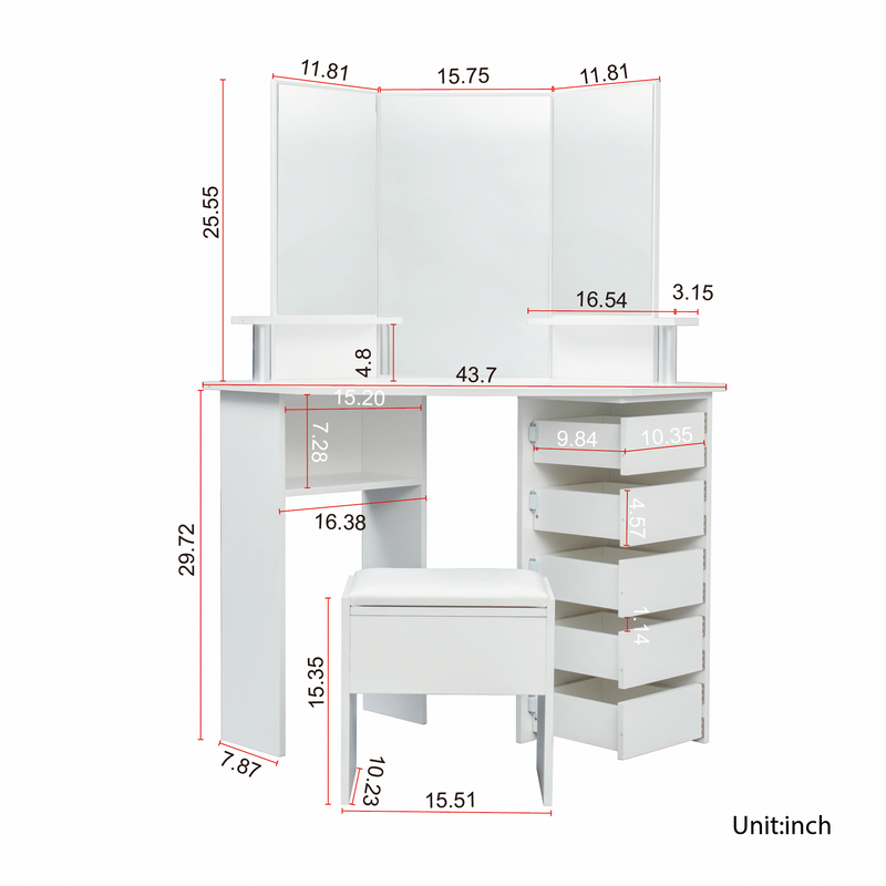 Corner dressing table make up desk with three-fold mirror and 5 rotary drawer Wooden Bedroom Vanity Table (White) - Urban Living Furniture (Los Angeles, CA)