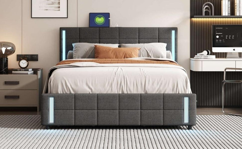 Queen Size Upholstered Platform Bed with LED Lights and USB Charging,Storage Bed with 4 Drawers, Dark Gray - Urban Living Furniture (Los Angeles, CA)