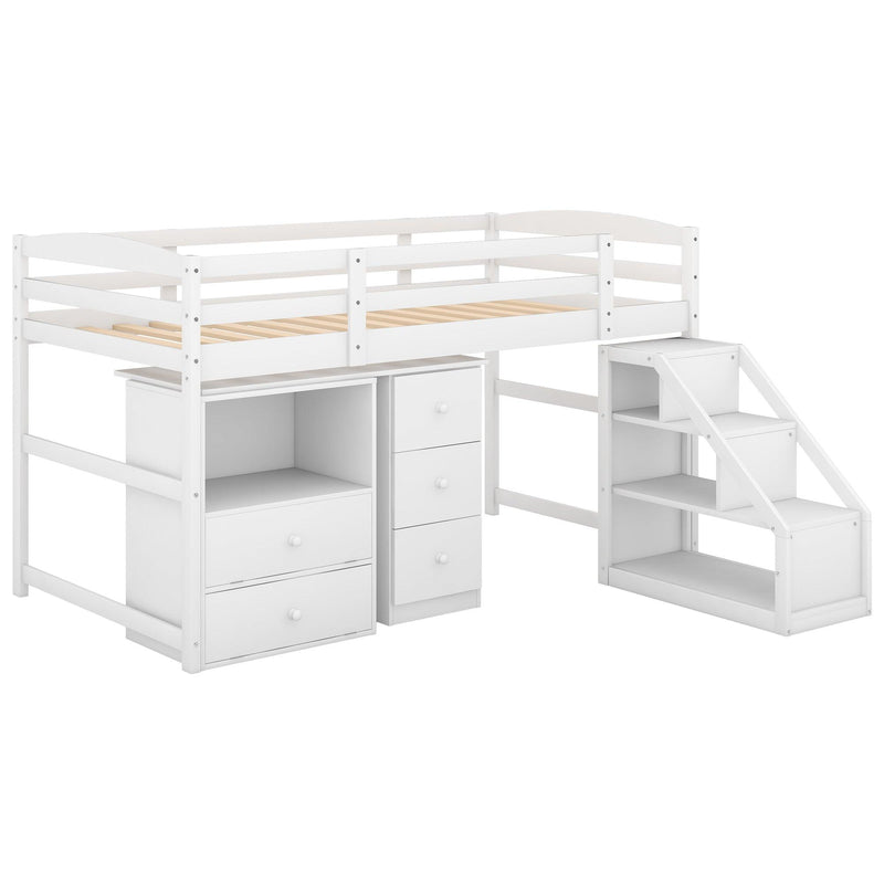 Twin Size Loft Bed with Multifunctional Movable Built-in Desk and and Staircase,White - Urban Living Furniture (Los Angeles, CA)